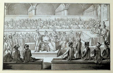 Ranskan kuningatar Marie Antoinette vallankumouksellisen tuomioistuimen edessä: päivät 14,15,16/10/1793 Asianajaja, joka puolusti hänen tapauksessaan on Claude Francois Chauveau-Lagarde (1756-1841). Piirustus mustalla musteella Dim. 0,097x0,15 m. Pariisi, 