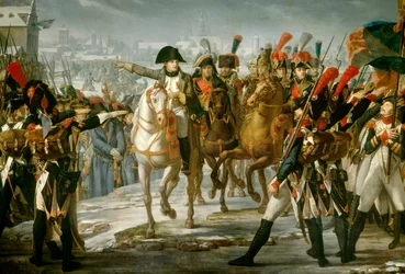 Keisari Napoleon I (1769-1821) järjesti Suuren Armeen 2. joukkoa Lechin sillalle ennen Augsburgin hyökkäystä 10.12.1805 Claude Gautherotin (1769-1825) maalaus 1808 Su. 3,85x6,2 m