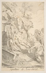 Kristuksen hautaus.n.d. Tekijät: Claude Gillot, Jacques Gabriel Huquier.