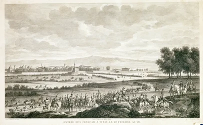 Ranskalaisten sotilaiden saapuminen Torinoon, noin 1796 (etsaus).