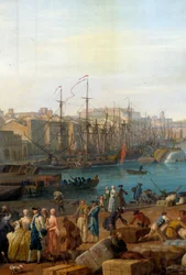 Marseillen satama 1700-luvulla. Tavaroiden purkamista esittävä yksityiskohta