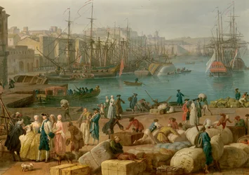 Marseillen satama 1700-luvulla. Yksityiskohta, joka esittää tavaroiden purkamista. 1700-luku, Pariisi, merimuseo