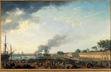 Näkymä Rochefortin satamaan ja kuninkaalliseen köysitehtaaseen, 1762. Pariisi, Musée de la Marine