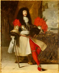 Muotokuva Ludvig XIV:n, Ranskan ja Navarran kuninkaan (1638-1715) jalassa - noin 1665-1670 (taistelulaiva kruunulla ja valtikka pöydällä, merimaiseman edessä veneellä) Claude Lefebvren maalaus (1632- 1675) Noin 1670 su. 1,96x1,55
