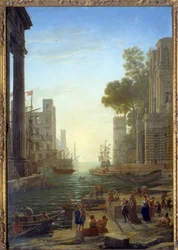 Maisema Saint Paula Romanan veneellä Ostiassa. Saint Paula jättää lapsensa matkustamaan Pyhään maahan. Kangas, 211 x 145 cm - Nousu Sainte Paulesta Ostiaan. St. Paule (347-404 tai 407), roomalainen leski, Pyhän Hieromuksen opetuslapsi. Maalaus Cl