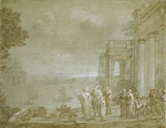 Näkymä Carthagesta Didon ja Aeneaksen kanssa, 1676 (kynä ja muste pesuaineella ja liidulla, korostettu valkoisella paperilla)