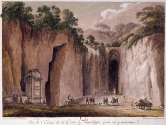 Näkymä Pausilippen (Posillipon) (tai "Grotta Vecchian") luolalle Napolin lähellä. piirros Chatelet