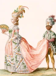 Naisen hienostunut iltapuku, Le Roin kaiverrus, Galeries des Modes et Costumes Francais
