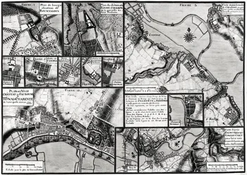 Fol.7 & 98 Kartta Charente-joen varrella sijaitsevista kaupungeista ja palatseista vuonna 1714, Recueil des Plans de Saintongesta (kynä & muste ja wc paperilla)