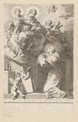 H. Bernard polvistumassa Neitsyen ja Lapsen ilmestyksen edessä Nimisivu: Saint Bernardus, Divi Bernardi Abbatis (...), 1640