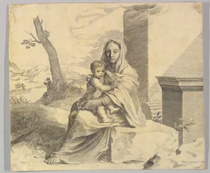Neitsyt ja lapsi istuvat kalliolla Neitsyt ja lapsi raunioissa, 1659.
