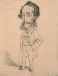Karikatyyri Mario Uchardista, n. 1858 (grafiitti, jossa on pyyhkäisyä ja tummumista ruskean kudospaperin päällä)