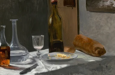 Asetelma, jossa on pullo, karahvi, leipää ja viiniä. Noin 1862/63