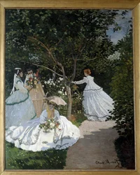 Naiset puutarhassa Avray kaupunki Ryhmä nuoria naisia kukkapuutarhassa. Claude Monet