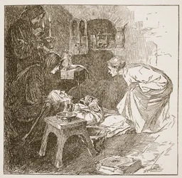 Death of Bede, kuvitus teoksesta "The Church of England: A History for the People", kirjoittanut H.D.M. Spence-Jones, pubi. n. 1910 (seepiavalokuva)