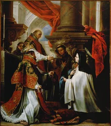 Pyhän Teresa Avilalaisen ehtoollinen; Petrus Alcantara tarjoaa isännän, Pyhä Franciscus ja Pyhä Antonius Padovan avustavat diakoneina (maalaus kankaalle).