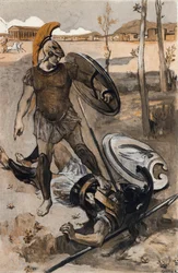 Hektorin kuolema: Akhilleus surmaa Hektorin. Clement Gontierin (1876-1918) kuvitus Homeroksen "Iliaaseen" (Omero). Pariisi, Henri Laurens