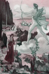 Kutsuminen. Apollon viha: Pappi Chryses kutsuu Apolloa sanoen: "Ajakoon kreikkalaiset pois nuolillanne kyynelistä, jotka he saavat minut vuodattamaan!" . Clement Gontierin (1876-1918) kuvitus Homeren "Iliadille" (Omero). Paris, Henri Laurens
