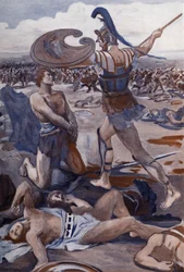 Patrokloksen kuolema: Hektor surmaa Patrokloksen. Clément Gontierin (1876-1918) kuvitus Homeroksen "Iliaaseen" (Omero). Pariisi, Henri Laurens