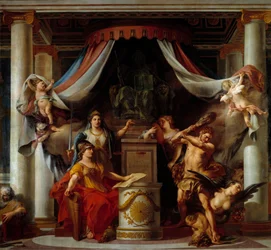 Vallankumouksen allegoria: keskustassa Minerve luovuttaa Herculesille salaisuuden, joka kumoaa Ancien-hallinnon paheet. Clement Bellen (1722-1806) maalaus 1794 Sun. 3,56x3,86 m