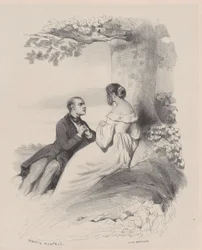 Mies kosimassa naista, jonka kasvot ovat hiusten peitossa, n. 1830-65.
