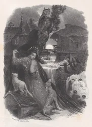 Yö, vinjetti tyttö 1700-luvun puvussa poimimassa ruusuja versossa, n. 1830-65.