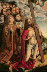 Kristus välittäjä ja Filippos Komea (1478-1506) ja hänen seurueensa, vasemmanpuoleinen taulu alttaritaulusta (ks. myös 223221).