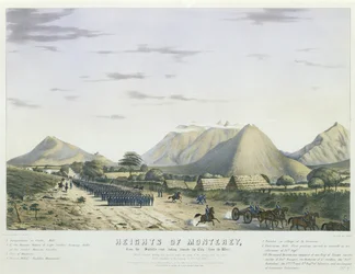 Heights of Monterey, Saltillo-tieltä katsoen kaupunkiin päin, [lännen puolelta] [Worthin divisioona siirtymässä vihollisen aseiden alle "St. Jeronimo" -toiminnan jälkeen aamulla 21. syyskuuta. 1846]... [No. 2].