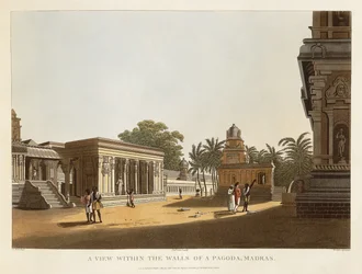 Näkymä pagodin seinien sisällä, Madras, Blagdon, Daniell, Ward ja Hunterin teoksesta "A Brief History of Ancient and Modern India", 1804