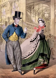 Nainen ja herrasmies Oxford Music Hallin sisäänkäynnin luona, Oxford St, Westminster, c1860