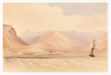 Tutkimusalus HMS Beagle Beagle-kanavassa, Etelä-Amerikassa.