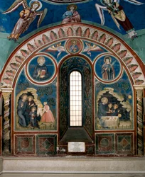 Eri jaksot Pyhän Benedict of Nursielaisen elämästä: vasemmalla nainen ojentaa pala myrkkyleipää Saint Benoitille, oikealla korppi ottaa leivän ja pelastaa Saint Benoitin. Fresko Master Consolosta (1200-luku) Alakirkon luostari o