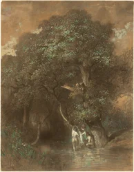 Kylpijöitä jättiläistammen luona, n.1842-1844 (hiili paperille).