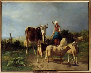 Paimen, jolla on lehmä ja lammas. Constant Troyonin (1810-1865) maalaus 1800-luvun aurinko. 0,73x0,92 m