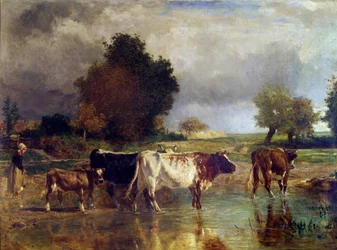 Lehmä ja vasikanliha lampialla tai kastelukaukalossa Constant Troyonin (1810-1865) maalaus 1800-luvun su. 0,78x1,03 m