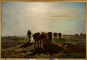 Härät matkalla kyntämään, aamutunnelma, 1855. 2,6 x 4 m, Pariisi, Musée d’Orsay.