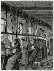 Naisten työpaja Val Saint Lambertin lasitavaroissa. C.Meunierin kaiverrus havainnollistamaan tarinaa "" La Belgique", kirjoittanut Camille Lemonnier (1844-1913), kirjailija ja taidekriitikko.
