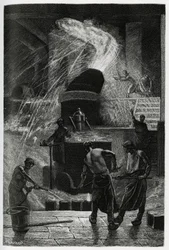 Teräksen valu Cockerillin tehtailla Seraingissa. C. Meunierin kaiverrus, joka kuvittaa kirjailijan ja taidekriitikon Camille Lemonnierin (1844-1913) kertomusta ”La Belgique”.