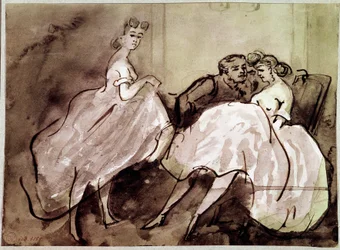 Kaksi prostituoitua ja viettelykohtaus asiakkaan kanssa bordellissa. 19. vuosisata, Pariisi, Musée Carnavalet