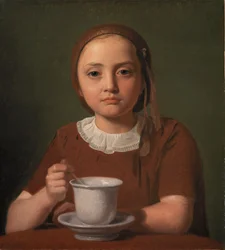 Pienen tytön, Elise Købken, muotokuva, kuppi hänen edessään, 1850