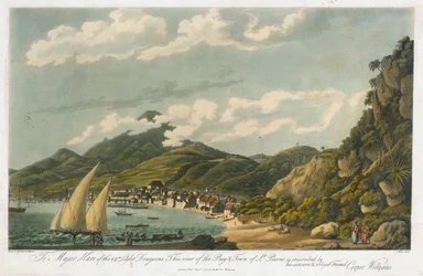 Näkymä lahdelle ja Saint Pierren kaupunkiin (Martinique). Cooper Willyamsin (1762-1816) litografia (42,3x56 cm).