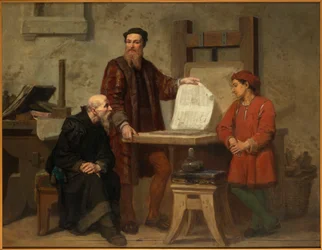 Painotaiteen keksintö tai Gutenberg työssään, 1800-luvun puolivälissä.