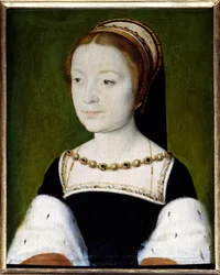 Madeleine Ranskalaisen (1443-1495) muotokuva, Frans I:n vanhin tytär, Skotlannin kuningatar ja Jaakko V:n ensimmäinen puoliso. Mitat: 0,22 x 0,31. Versailles, Musée du Château