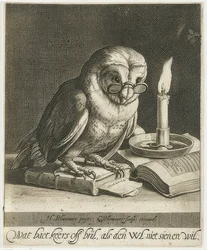 Pöllö lasien ja kirjojen kanssa. Noin 1625