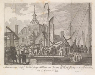 Haavoittuneen prinssi Willem George Frederikin saapuminen Rotterdamiin, 1793 Z.D.H.:n saapuminen Willem George Fredrik van Oranje, Rotterdamissa haavojensa jälkeen, 15. syyskuuta 1793 (otsikko esineessä)