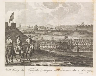 Ranskan joukot lähtevät Landrecysta, 1794 Ranskalaisen troupenin otos Landrecies denistä 11. toukokuuta 1794 (esineen nimi)