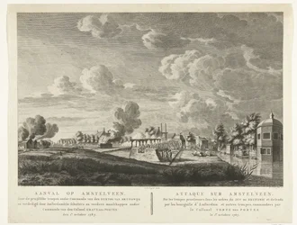 Preussin joukot hyökkäsivät Amsterdamin pyssymiesten puolustamaan Amstelveeniin 1. lokakuuta 1787 Hyökkäys Amstelveeniin ... 1. lokakuuta 1787 (otsikko esineessä) Attaque sur Amstelveen ... le 1er. Lokakuu 1787 (otsikko esineessä)