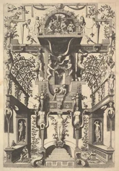 Fantastinen arkkitehtuurirakenne, jossa on strapwork ja kaksi pergolaa ja pieni kohtaus Vu..., 1557.