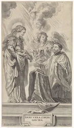 Tuntematon pyhimys (Ignatius Loyola?) polvistuu Neitsyt Marian ja lapsen eteen