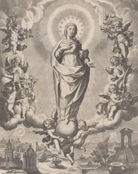 Neitsyt kirkkaudessa, seisoo pilvien päällä ja ympäröimänä enkeleillä, joilla on symbolit ..., 1595-1633.
